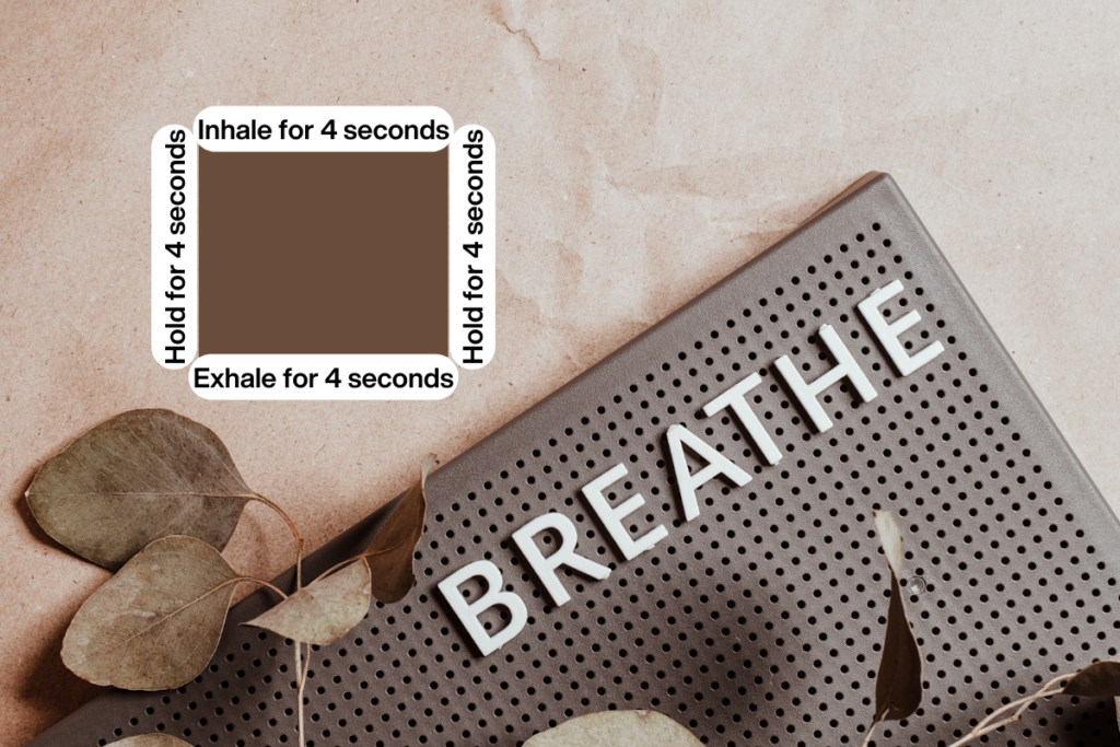 Visual guide for the Box Breathing technique, showing the inhale, hold, exhale, and hold sequence.