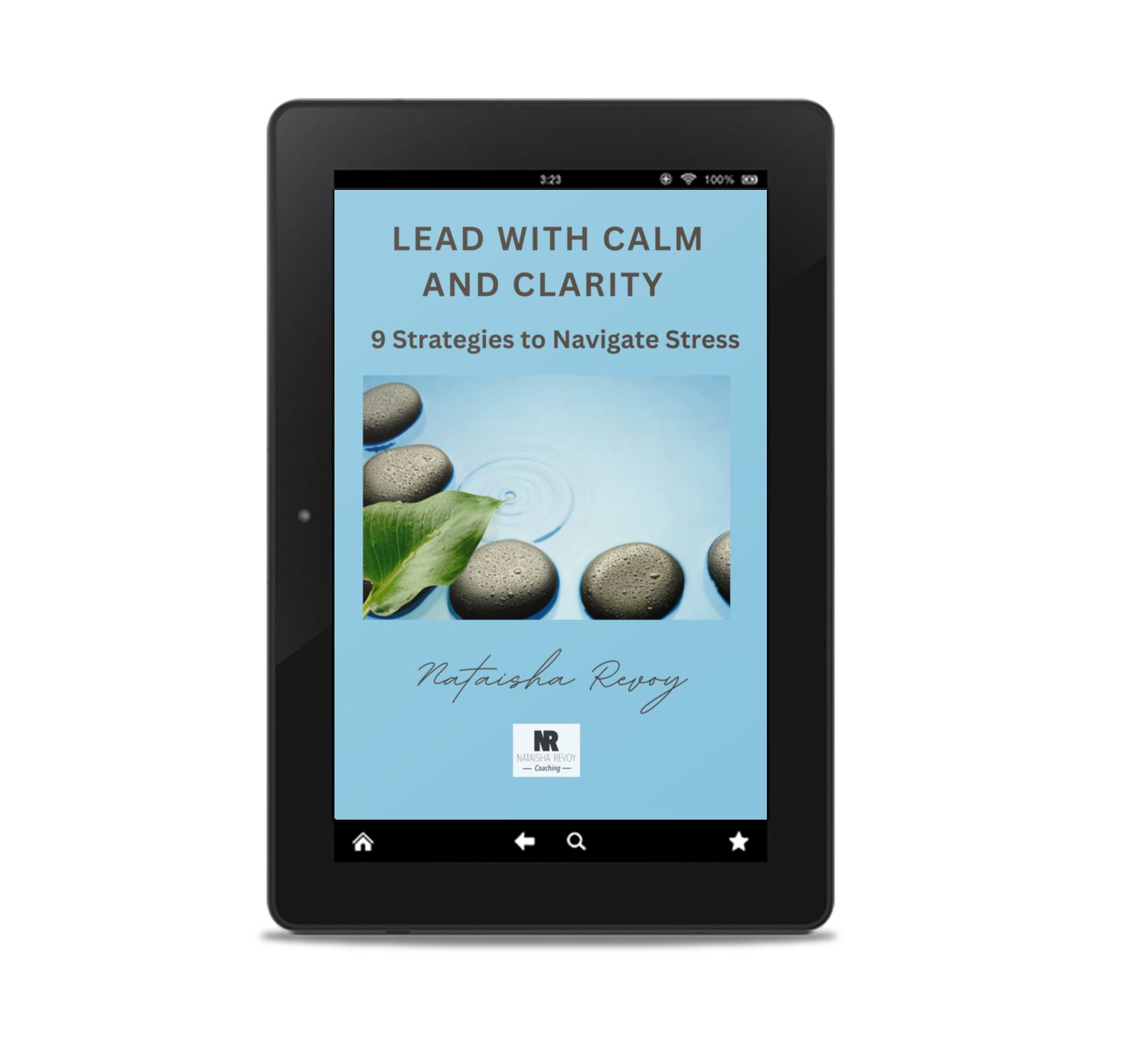 Serene image with water and stones with text: Lead with Calm and Clarity - 9 Strategies to Navigate Stress