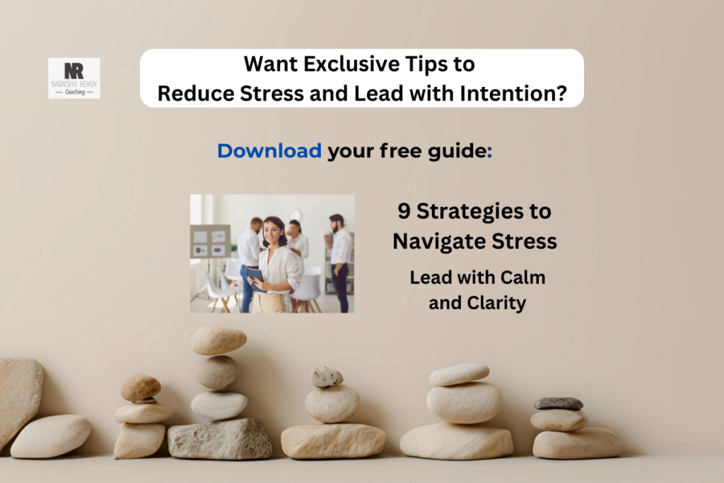 Call-to-action for the guide '9 Strategies to Navigate Stress' with a professional team image