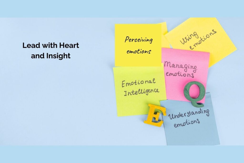 Leadership agility visual: sticky notes on emotional intelligence (perceiving, using, understanding, managing emotions).”
