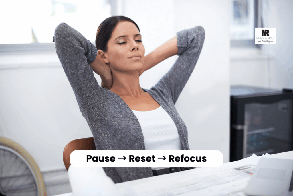 Professional woman leaning back in a chair with eyes closed, arms behind her head, relaxing at her desk. Text overlay reads: ‘Pause → Reset → Refocus.’