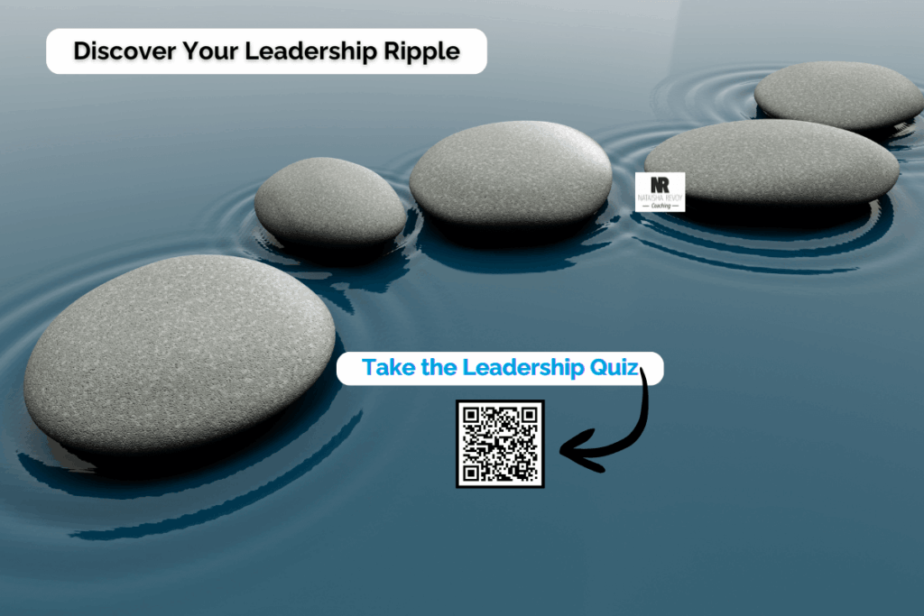 Stepping stones creating ripples in calm blue water with text: ‘Discover Your Leadership Ripple — Take the Leadership Quiz.’