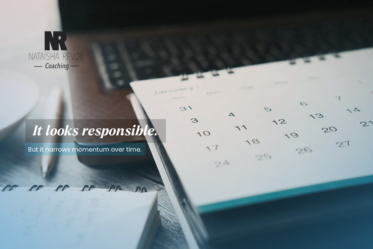Close-up of a desk calendar and notebook representing growing responsibilities and the quiet pressure leaders carry over time. Text overlay reads “It looks responsible, but it narrows momentum over time.”