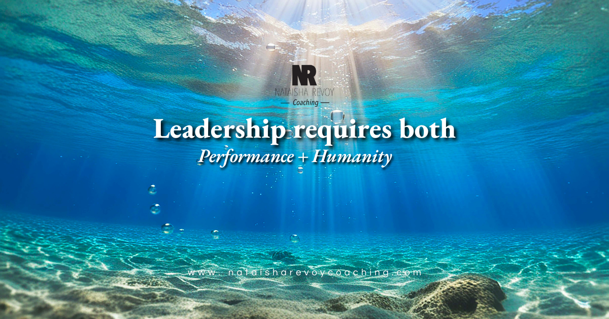 Sunrays above and clear water visibility displaying under sea with text Leadership requires both Performance + Humanity