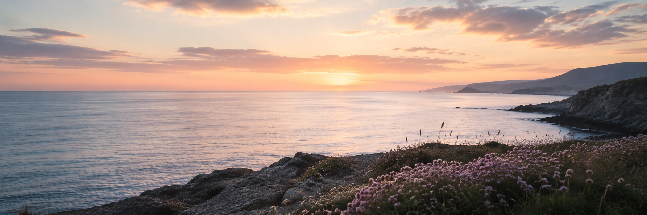 A quiet panoramic ocean view at sunset with calm water, distant cliffs, and soft coastal wildflowers beneath a pastel evening sky.