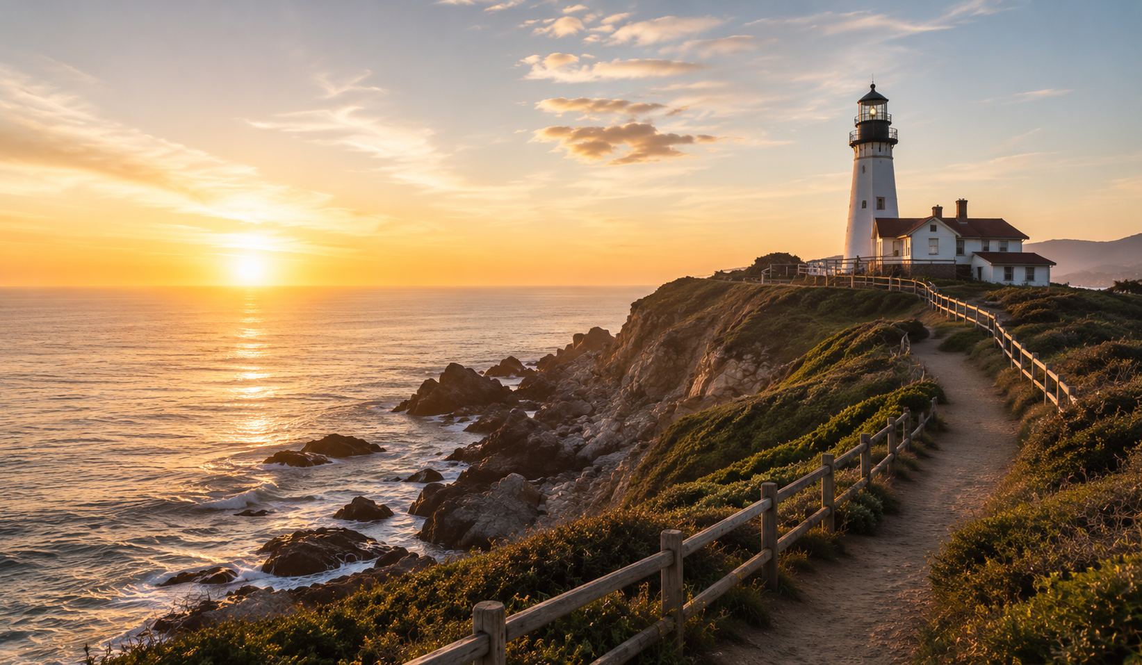 A coastal walking path leading toward a lighthouse overlooking the ocean at sunrise, with warm golden light illuminating the shoreline.