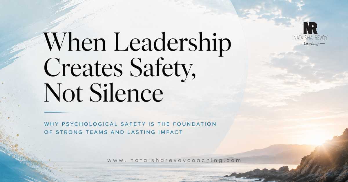 Sunrise over a calm ocean with gentle waves meeting a rocky shoreline beneath a soft blue sky. Minimal editorial design with the NRC logo and the title "When Leadership Creates Safety, Not Silence."