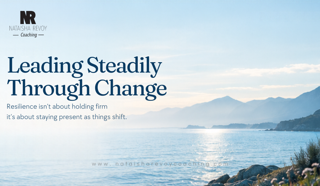 NRC October newsletter banner featuring a serene blue ocean horizon at sunrise, illustrating steady leadership, resilience, and staying present through organizational change.