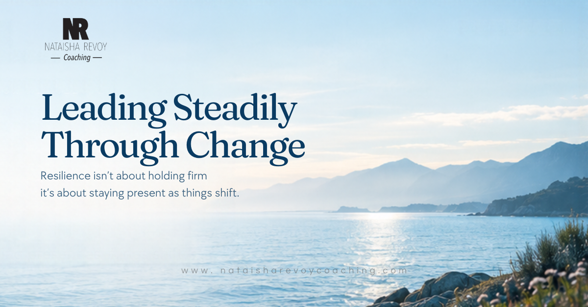 NRC October newsletter banner featuring a serene blue ocean horizon at sunrise, illustrating steady leadership, resilience, and staying present through organizational change.
