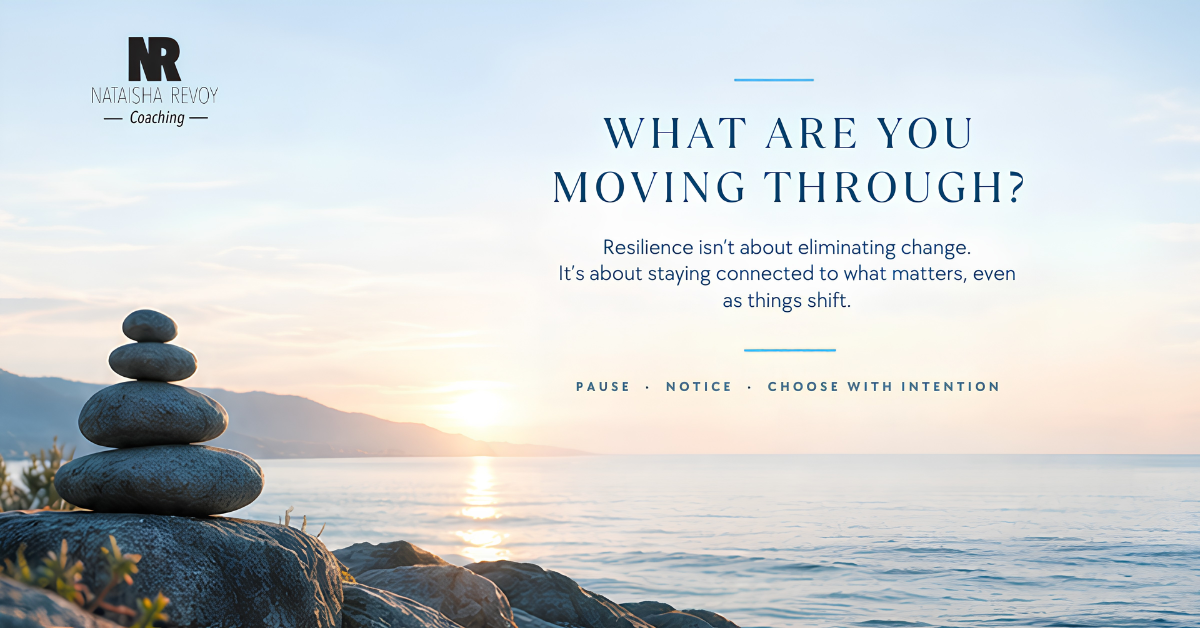 NRC October newsletter closing image featuring a calm coastal sunrise and reflective message about navigating change, building resilience, and leading with intention.